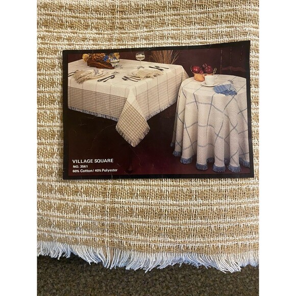 Woven Tablecloth In Collectible Tablecloths for sale | eBay VTG NEW VILLAGE SQUARE Tablecloth Tan Cream Woven Waffle Textured Fringe 60 x 84
